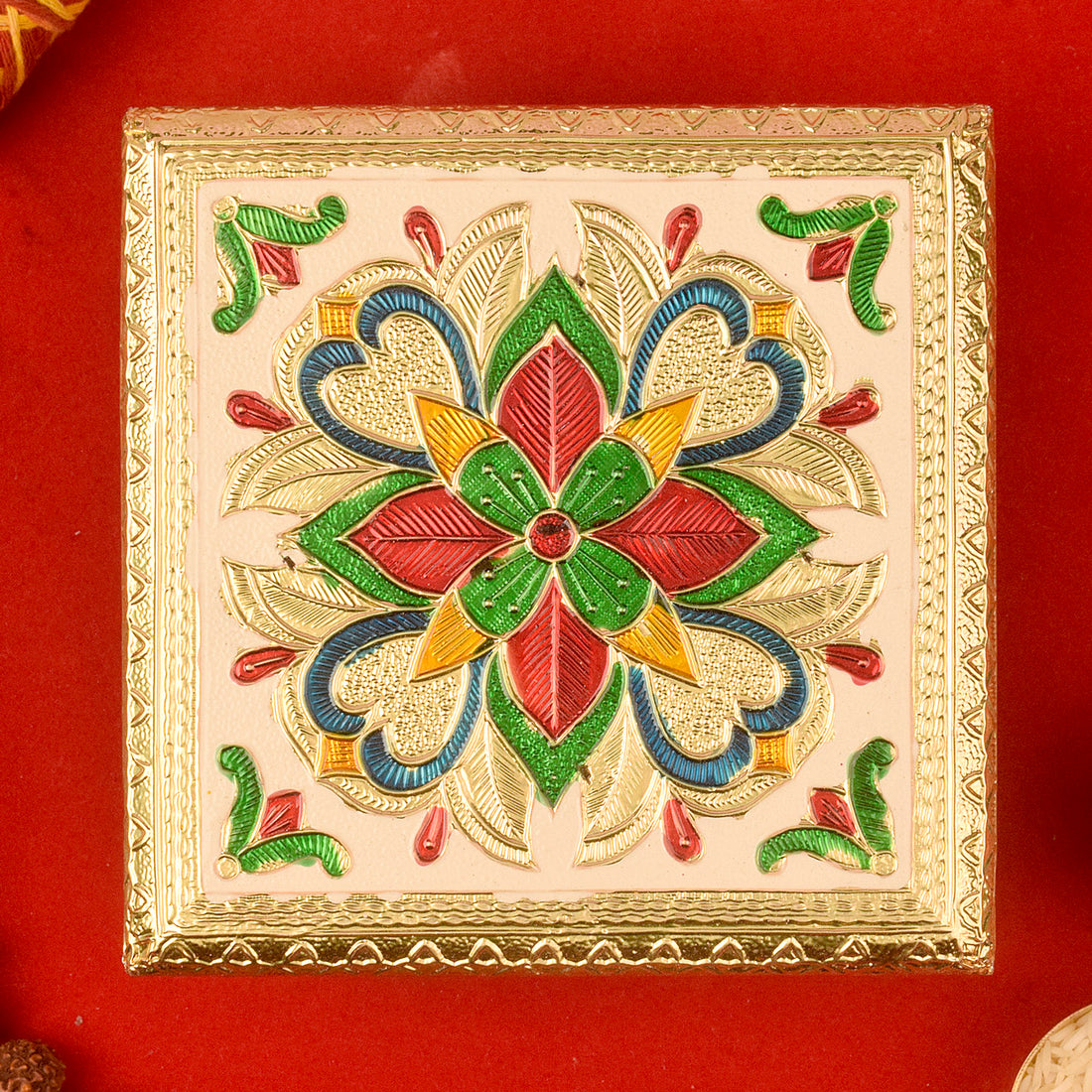 Elegantly Crafted Wooden Chowki with Enchanting Meenakari and Floral Embellishments