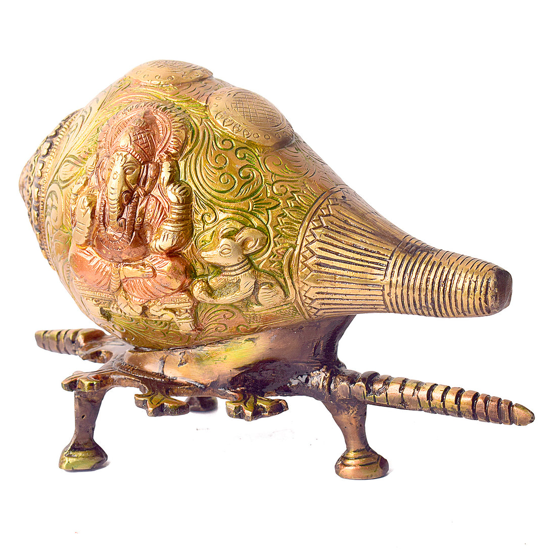 5.9 Inch Handcrafted Indian Brass Shankh With Ganesha Engraving with Stand