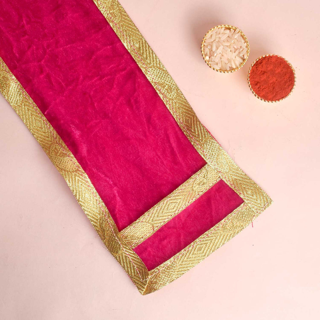 Pink Velvet Ganpati Idol Patka with Classic Gold Border - 22 Inch