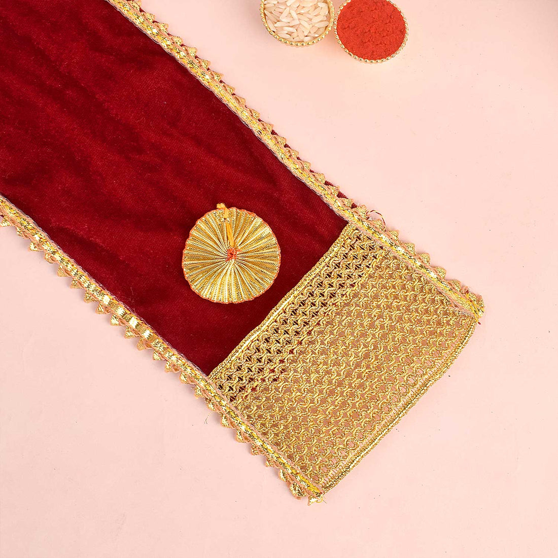 Premium Maroon Velvet Ganpati Idol Patka with Gold Medallion