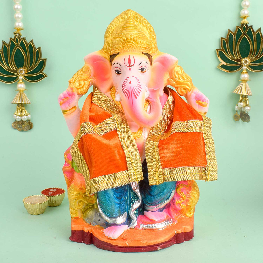 Orange Velvet Ganpati Idol Patka With Classic Gold Border