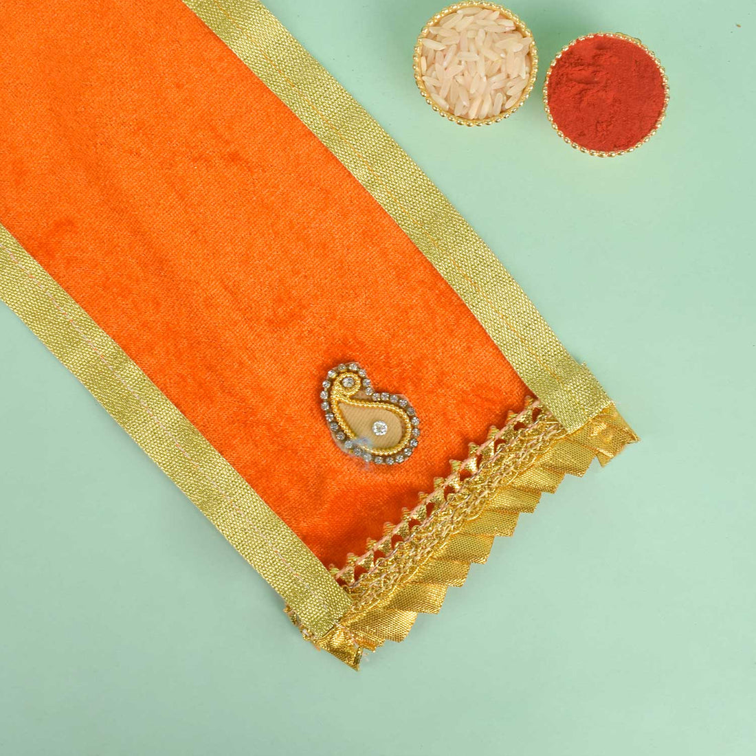 Orange Velvet Ganpati Idol Patka with Gold Border - 22 Inch