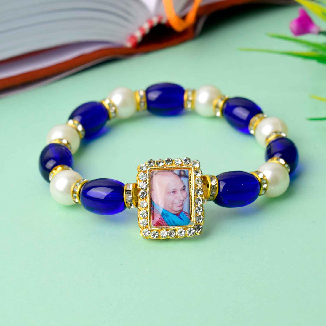 Elegant Guruji Swaroop Bracelet β Blue & White Pearls