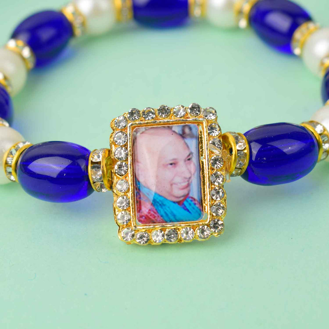 Elegant Guruji Swaroop Bracelet β Blue & White Pearls