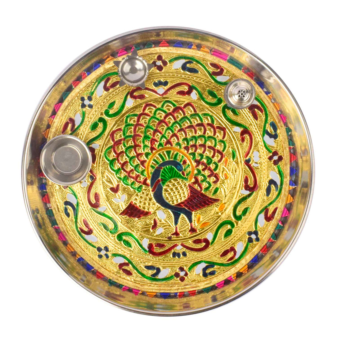 Stainless Steel Peacock Printed Pooja Thali Set