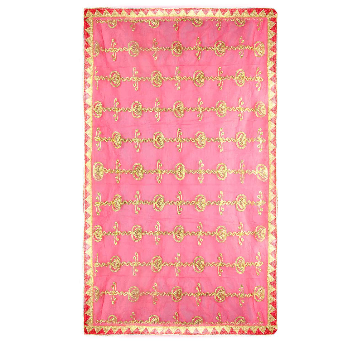 Premium Mata Ki Chunri with golden embroidered vertical patterns featuring traditional floral and swirl designs. This Chunri measures 216 cm (85 inches) in length and 100 cm (39 inches) in height, making it ideal for Devi Puja, temple offerings, and festive celebrations like Navratri and Durga Puja. The rich golden border enhances its elegance and sacred significance.
Shop Big Size Mata Ki Chunri, Devi Chunri for Puja, and more at Satvik Store. A perfect offering for temple rituals and religious ceremonies