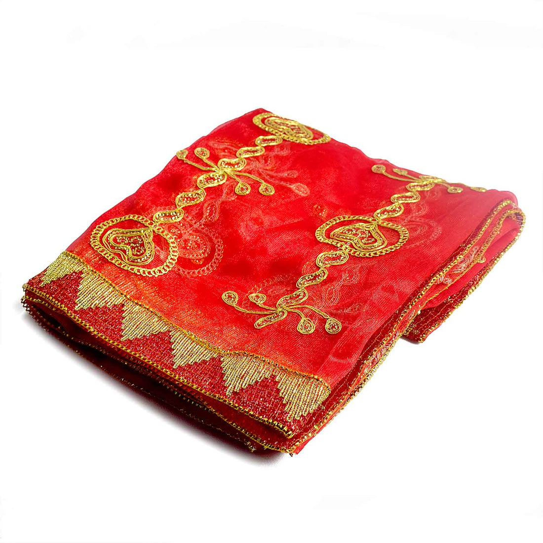 Premium Mata Ki Chunri with golden embroidered vertical patterns featuring traditional floral and swirl designs. This Chunri measures 216 cm (85 inches) in length and 100 cm (39 inches) in height, making it ideal for Devi Puja, temple offerings, and festive celebrations like Navratri and Durga Puja. The rich golden border enhances its elegance and sacred significance.
Shop Big Size Mata Ki Chunri, Devi Chunri for Puja, and more at Satvik Store. A perfect offering for temple rituals and religious ceremonies