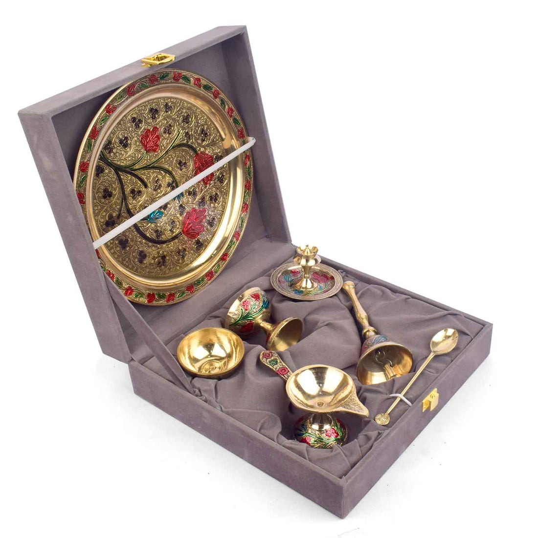 Ravishing 7 Pc Brass Puja Thali Set with Premium Velvet Box (8 Inch)