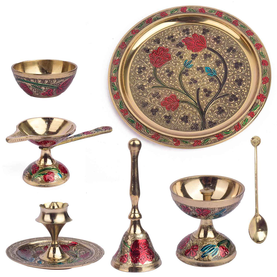 Ravishing 7 Pc Brass Puja Thali Set with Premium Velvet Box (8 Inch)