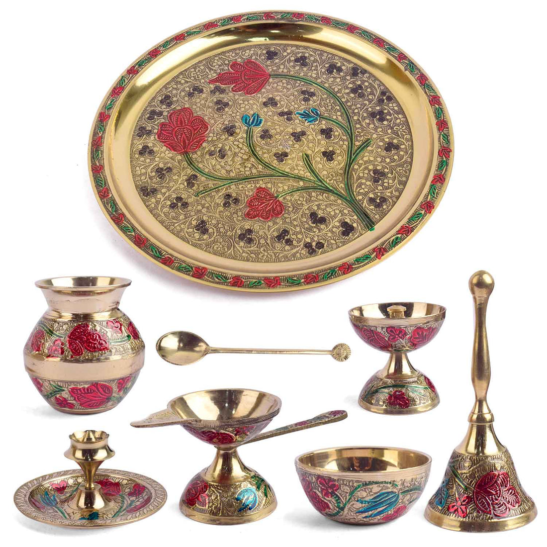Ravishing 8 Pc Brass Puja Thali Set with Premium Velvet Box (10 Inch)