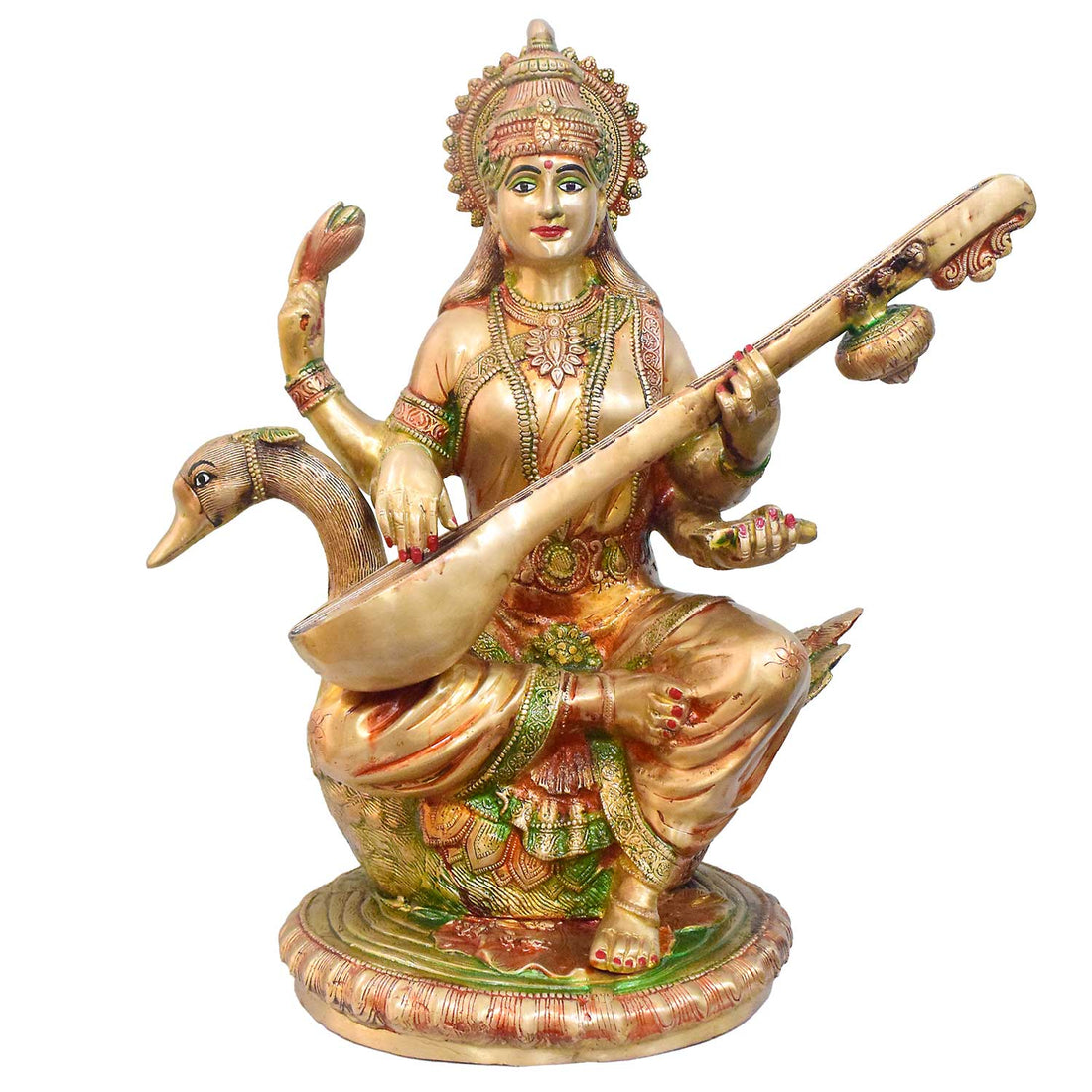 36 Inch Premium Goddess Saraswati Brass Idol – Antique Gold Finish