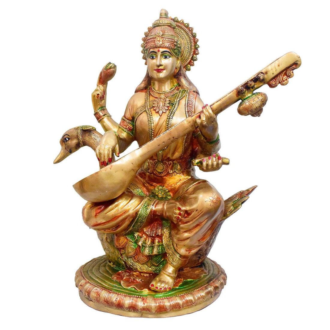 36 Inch Premium Goddess Saraswati Brass Idol – Antique Gold Finish