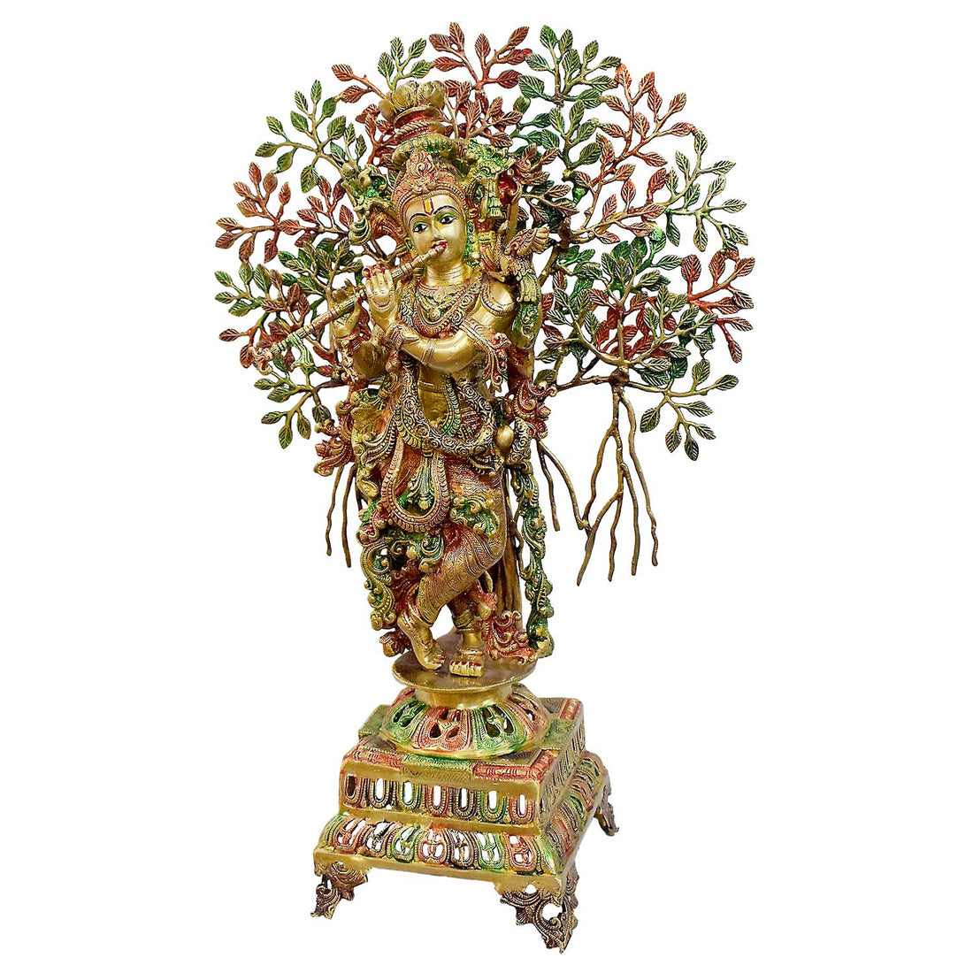 34 Inch Large Brass Krishna Under Kalpavriksha Tree Statue