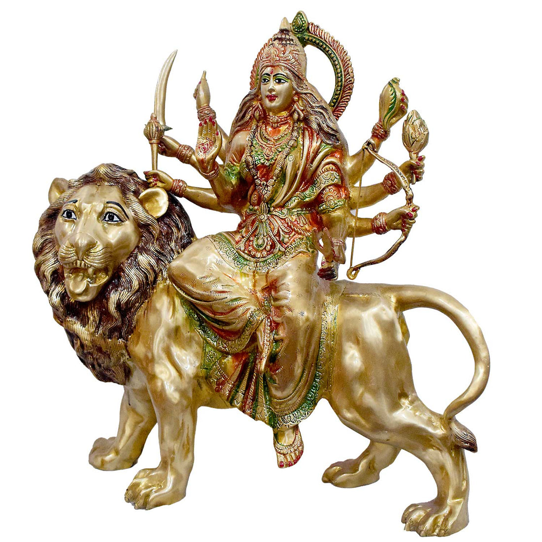 26 Inch Powerful Brass Durga Riding Lion Statue