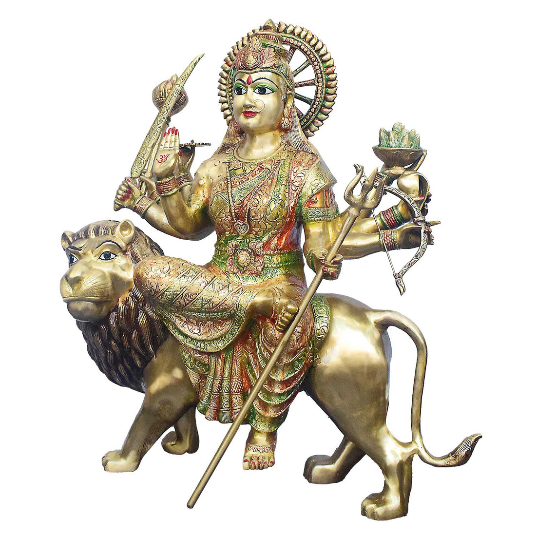 34 Inch Large Brass Sherawali Mata Statue Seated on Lion
