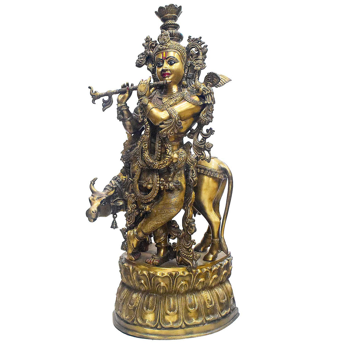 45 Inch Large Brass Krishna Flute Player with Cow Statue