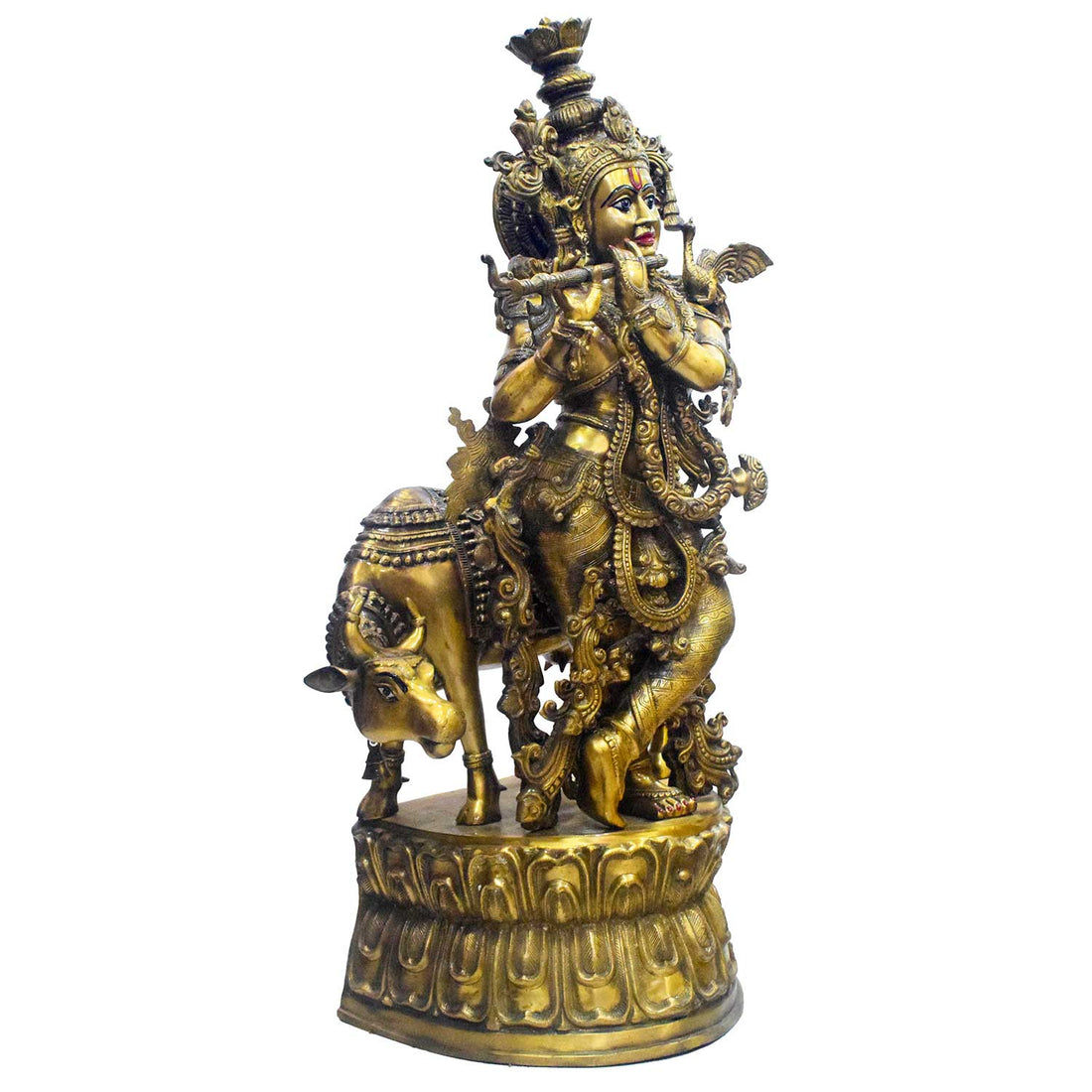 45 Inch Large Brass Krishna Flute Player with Cow Statue