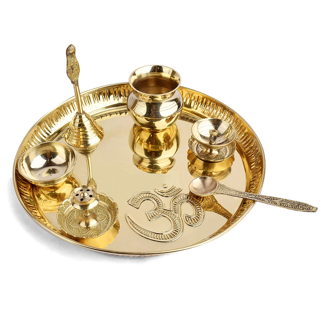 7 Piece Brass OM Pooja Thali Set (9 Inch) Design 10