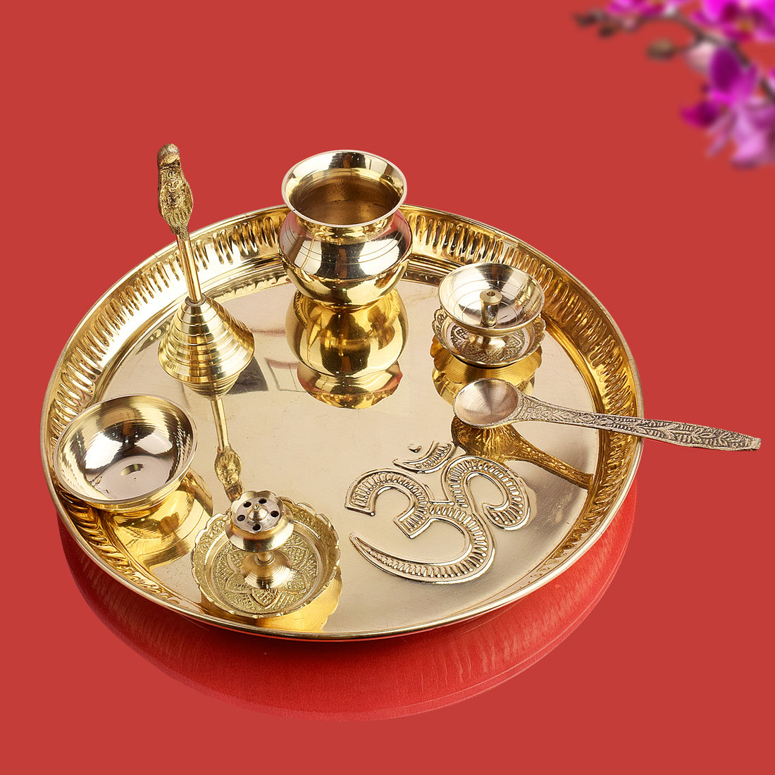 7 Piece Brass OM Pooja Thali Set (9 Inch) Design 10