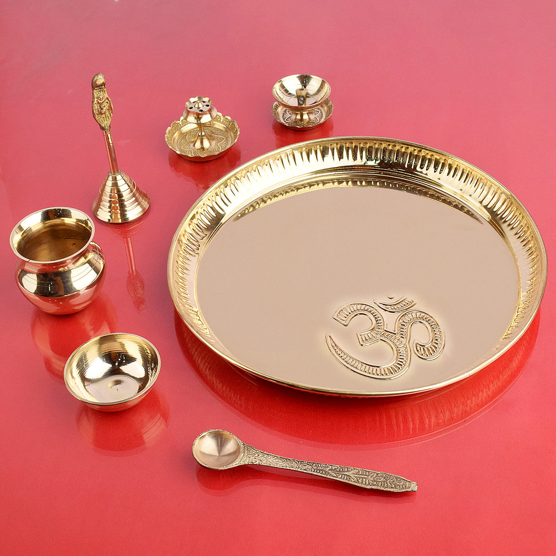 7 Piece Brass OM Pooja Thali Set (9 Inch) Design 10