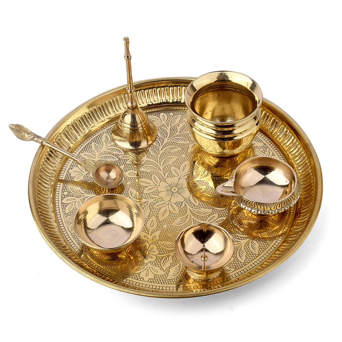 7 Piece Brass Designer Pooja Thali Set (9 Inch) Design 7