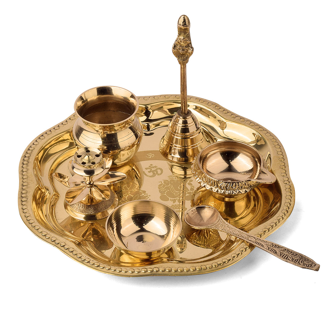 7 Piece Brass Om Laxmi Ganesh Pooja Thali Set (7.5 Inch - 8 Inch) Design 2