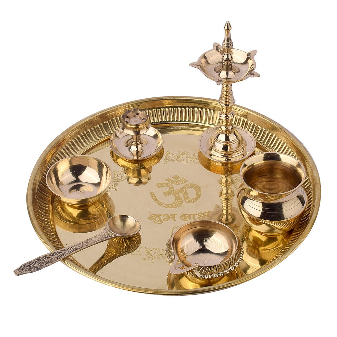 7 Piece Brass Om Shubh Labh Pooja Thali Set (9 Inch - 10 Inch) Design 5