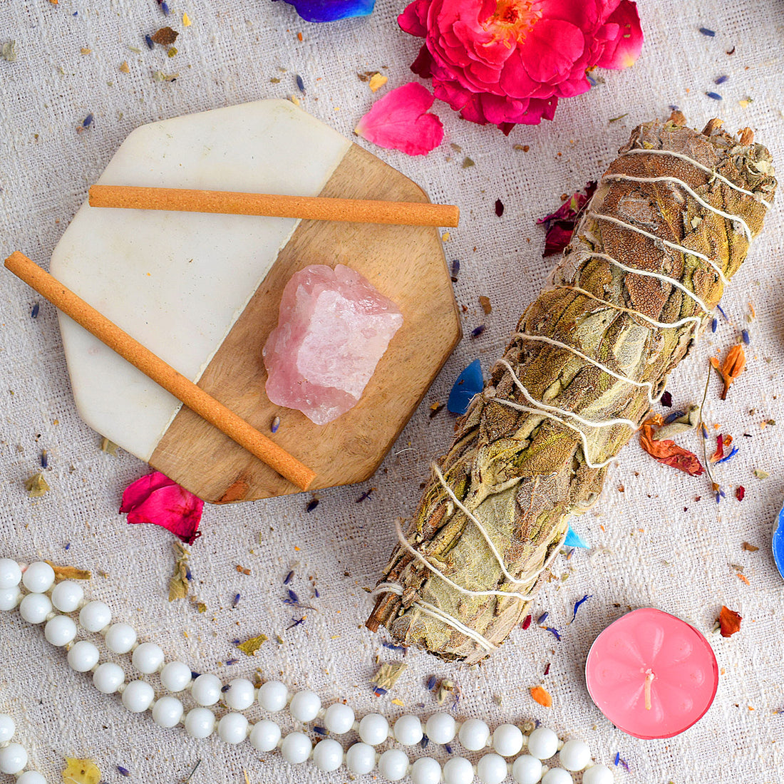 MAXICAN INCENSE SAGE WITH ROSE QUARTZ CRYSTAL HEALING SMUDGE