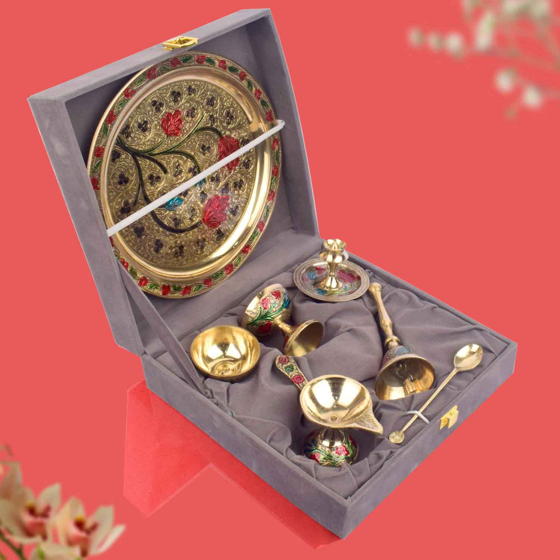 Ravishing 7 Pc Brass Puja Thali Set with Premium Velvet Box (8 Inch)