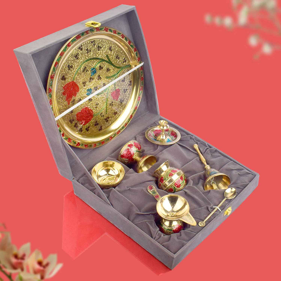 Ravishing 8 Pc Brass Puja Thali Set with Premium Velvet Box (10 Inch)