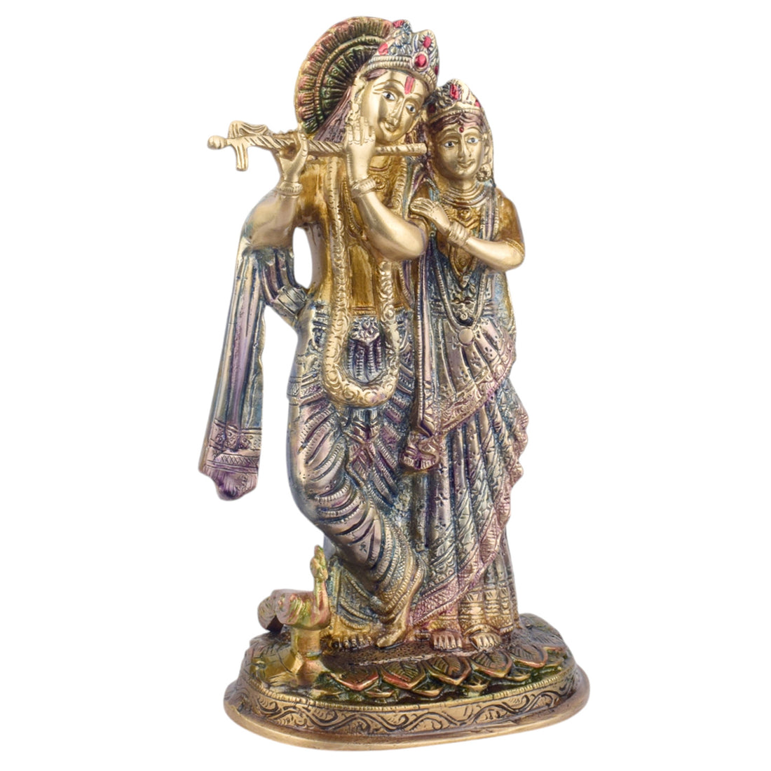 The 11.4 Inch Radha Krishna โ Divine Harmony in a Sacred Sculpture is a breathtaking masterpiece that captures the eternal and divine bond between Radha and Krishna. This beautifully detailed idol showcases the couple in a serene and harmonious pose, with Krishna playing his mesmerizing flute and Radha standing gracefully by his side.