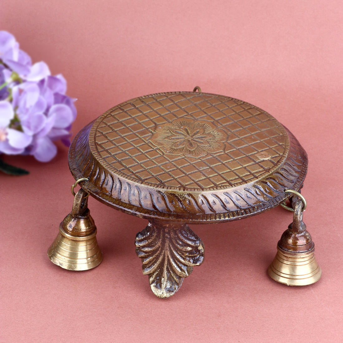 2.5 Inch Decorative Brass Chowki with hanging bells and ornate design, ideal for placing idols during pooja, festive rituals, and spiritual décor No.1 Brass Idol Store www.satvikstore.in