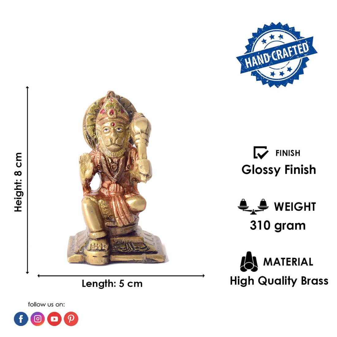 3.1 Inch Exquisite Pure Brass Hanuman Idol Statue