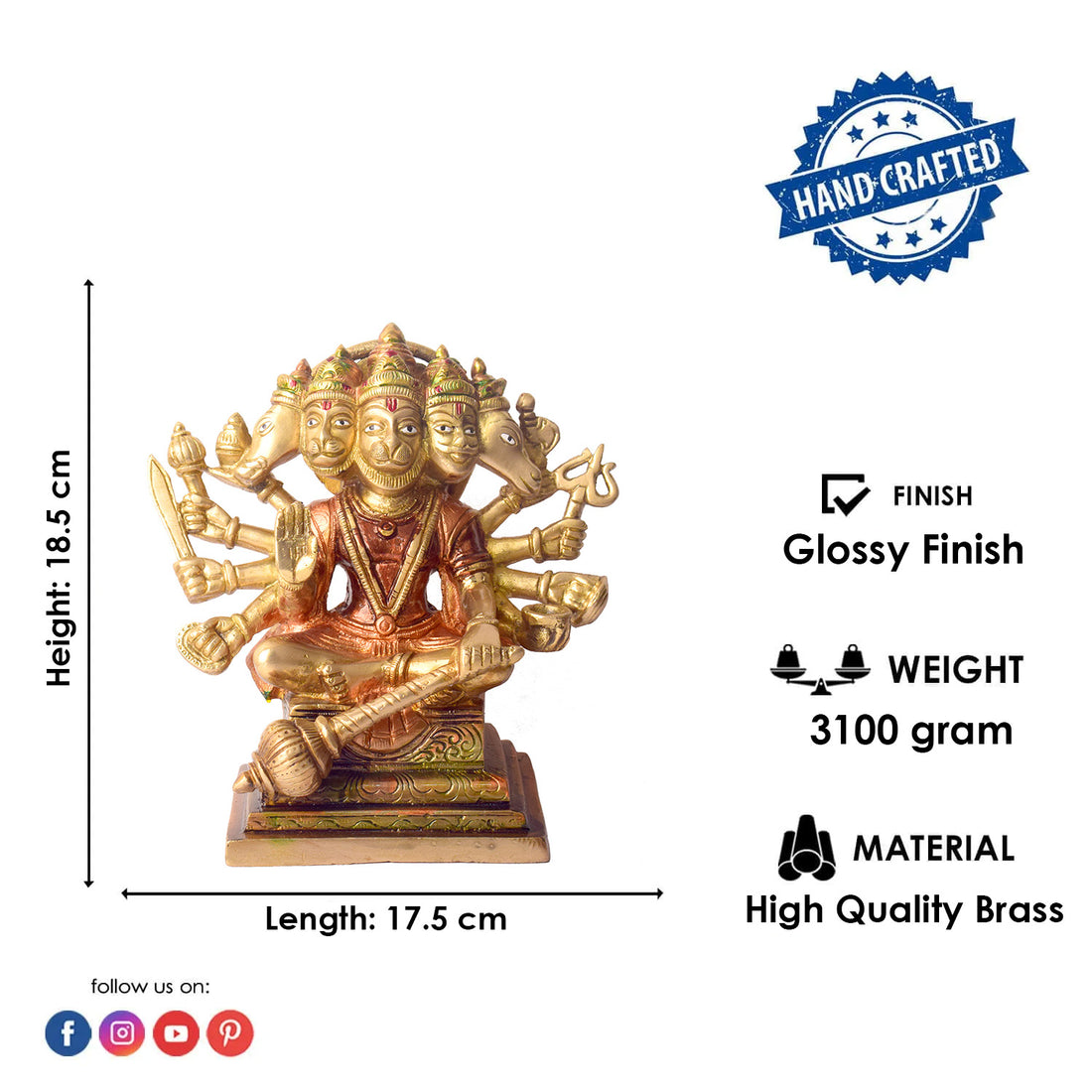 7.2 Inch Majestic Panchmukhi Hanuman Brass Idol
