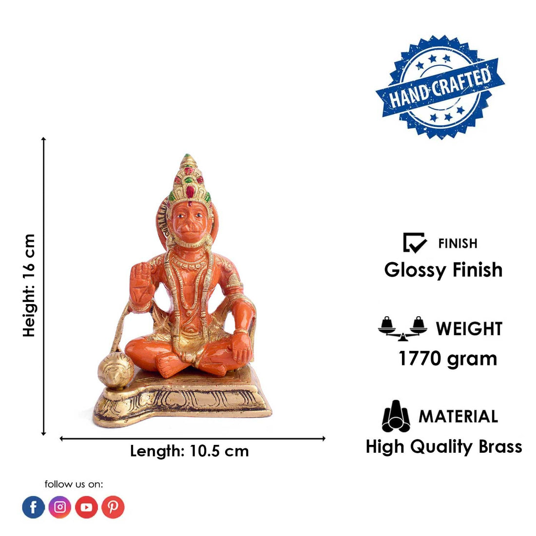 6.3 Inch Sitting Kesari Nandan Hanuman Brass Idol