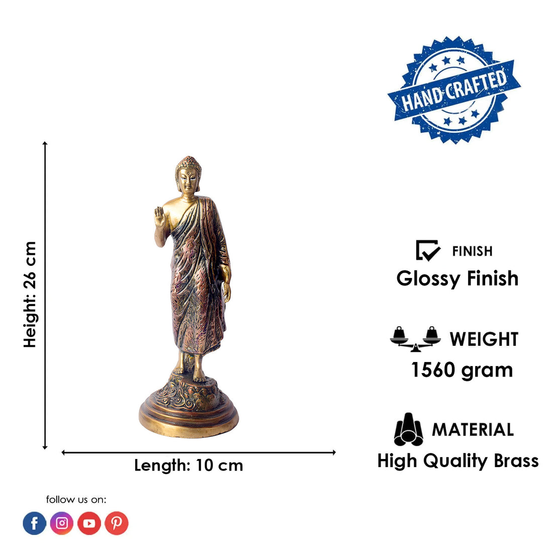 This 10-inch Buddha statue in a standing pose radiates grace and spiritual power. Carefully crafted with fine details, it embodies strength, peace, and enlightenment. The standing pose represents the Buddha’s readiness to guide those on their spiritual journey.