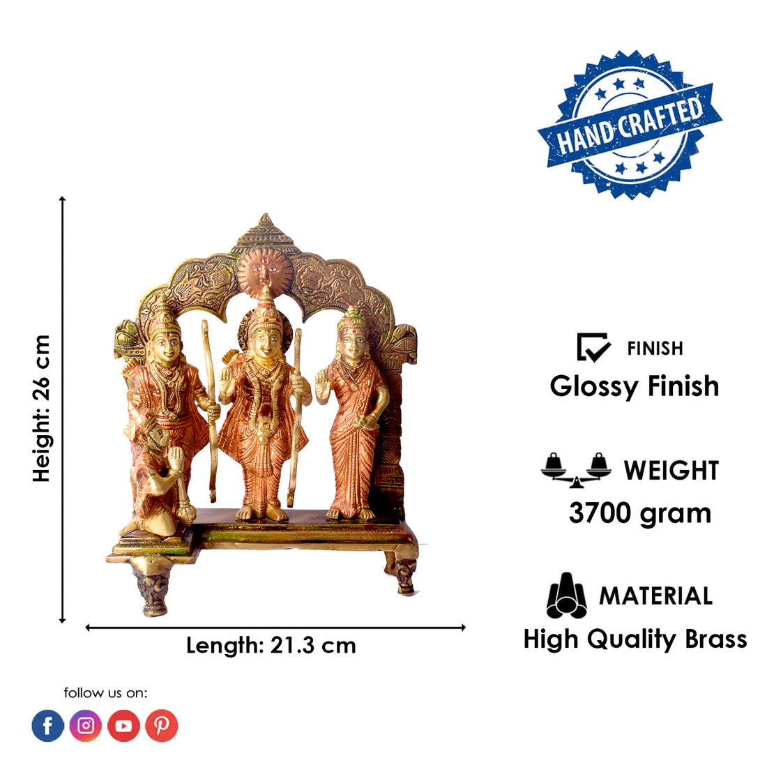 Large Brass Idol of 10.2 Inch Elegant Brass Ram Darbar Murti. Bring divine grace and positivity into your home with this beautifully crafted Brass Small Ram Darbar Idol, featuring Lord Rama, Sita, Lakshman, and Hanuman. Symbolizing love, devotion, and protection, this intricately detailed idol is perfect for enhancing your home temple, Pooja room, or spiritual dΓ©cor.