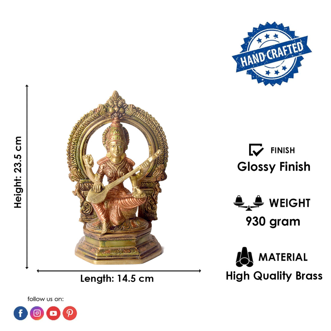 9.2 Inch Brass Goddess Saraswati Statue
