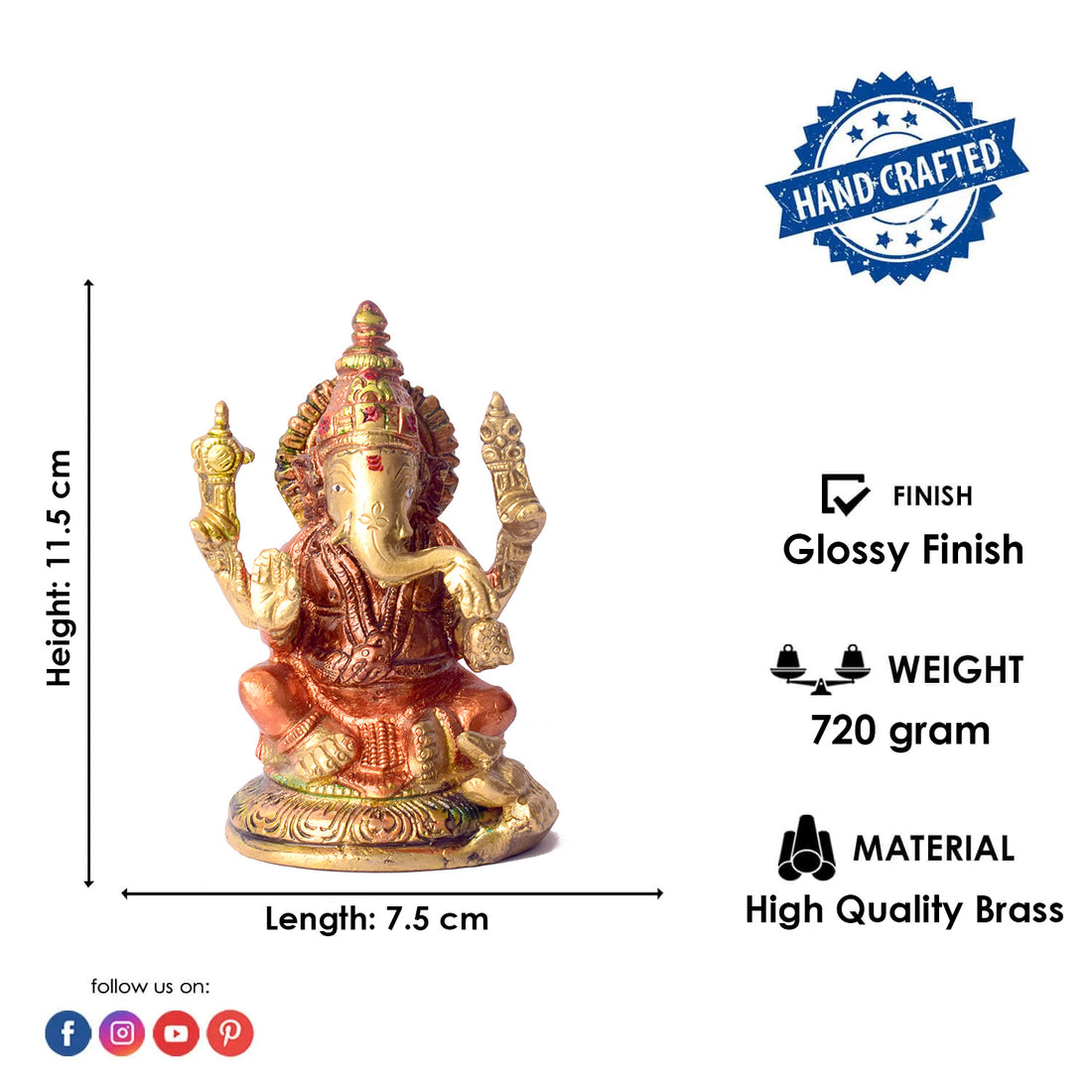 4.5 Inch Vibrant Colored Brass Ganesh Statue - Small