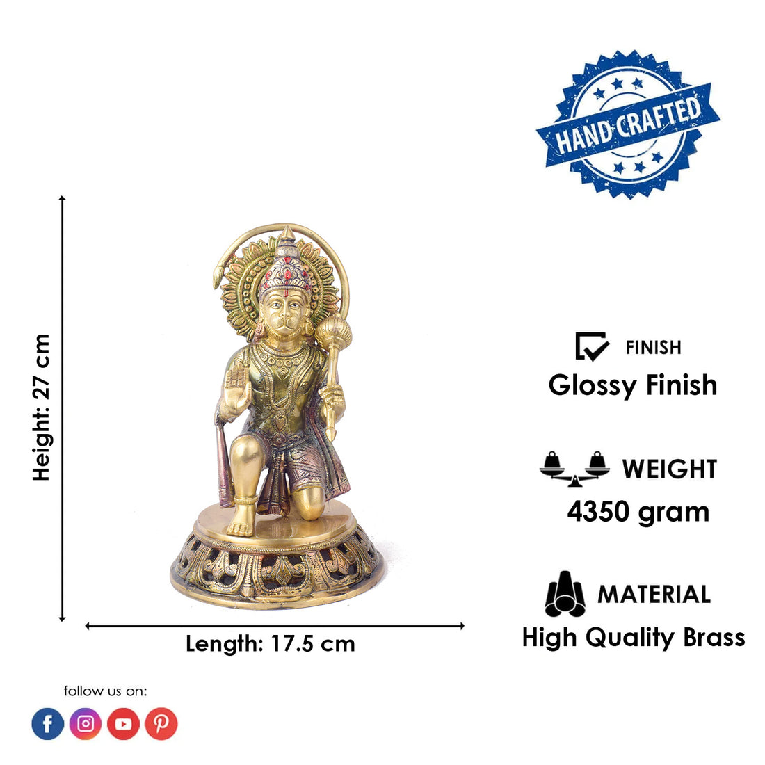 The "10.6 Inch Brass Hanuman Idol – Protector of Courage and Faith" is a stunningly detailed representation of Lord Hanuman, the embodiment of strength, devotion, and unwavering courage.