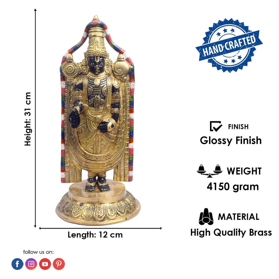 12.2 Inch Divine Brass Lord Venkateswara Idol