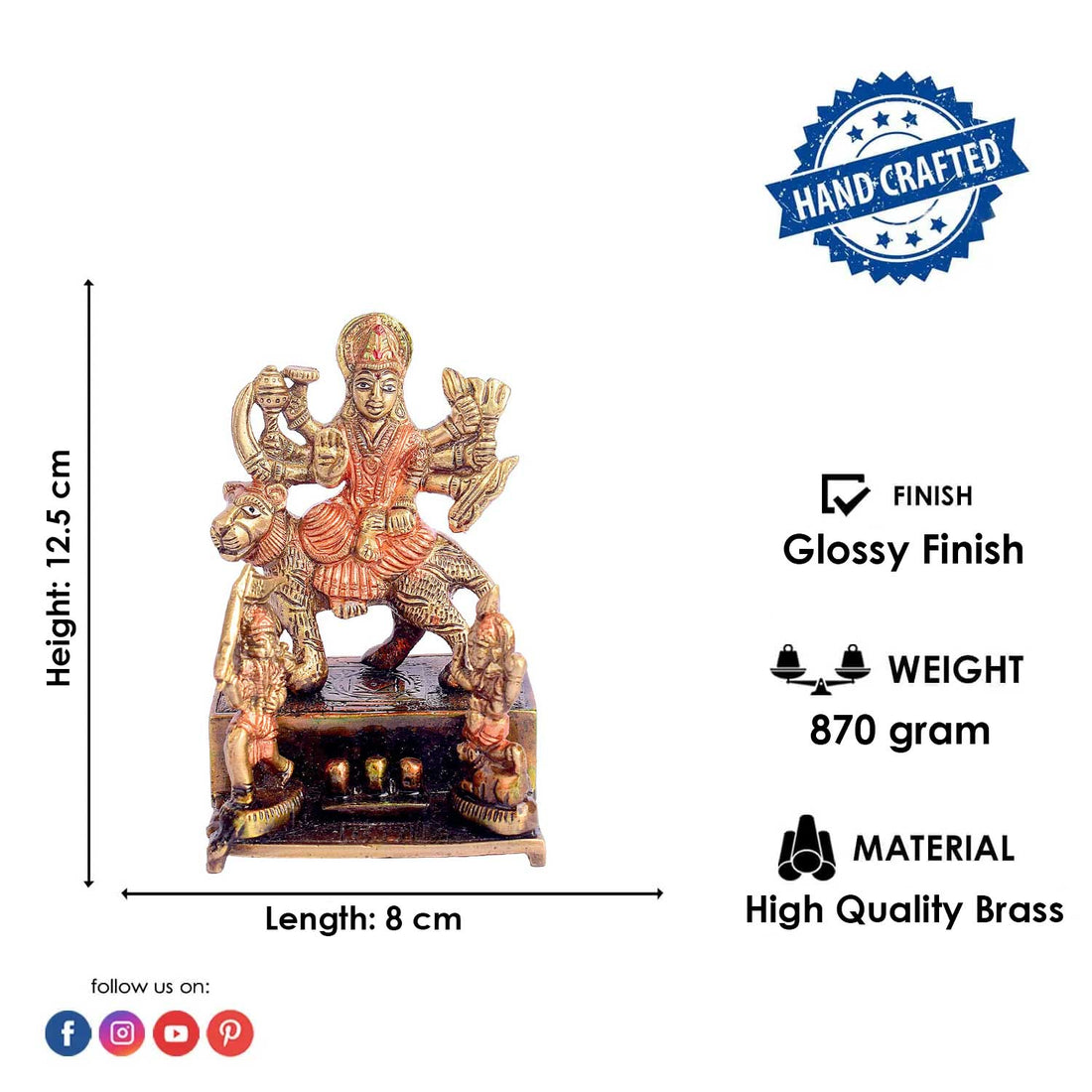 4.9 Inch Brass Sherawali Mata Idol | Divine Durga Maa Statue