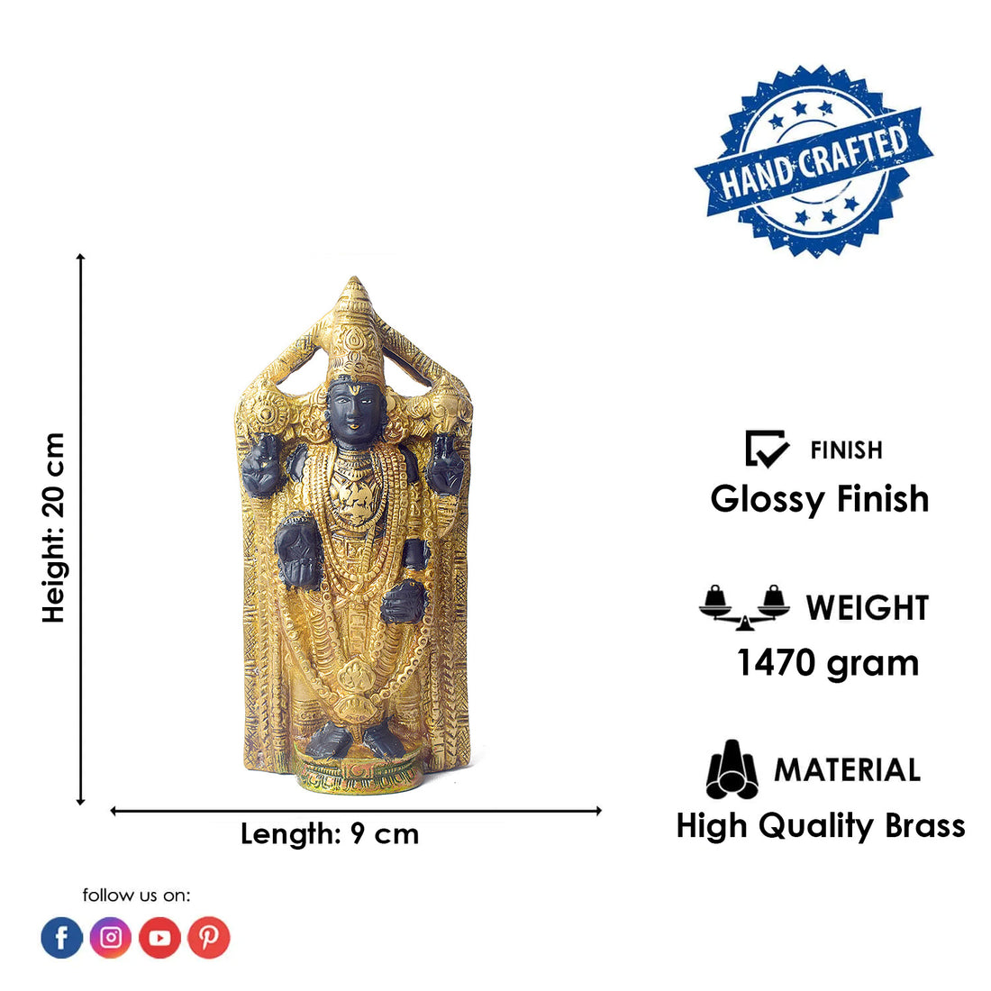 This 8-inch Tirupati Balaji statue beautifully captures the divine presence of Lord Venkateshwara, the beloved deity of the Tirupati temple. Crafted with exquisite attention to detail, the statue radiates grace, serenity, and spiritual blessings. Known for his power to bestow prosperity, health, and peace, Lord Balaji's idol brings a sense of calm and positive energy to any space.