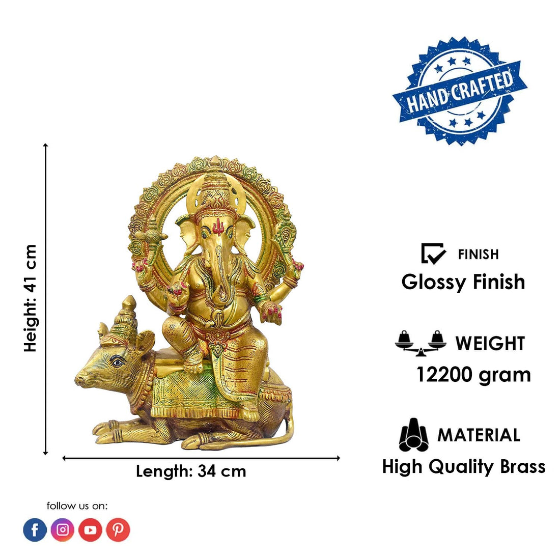 16 Inch Divine Brass Ganesha on Nandi β Sacred Vedic Sculpture