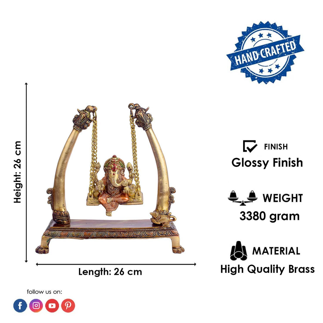 10.2 Inch Brass Ganpati Idol On Swing Jhula