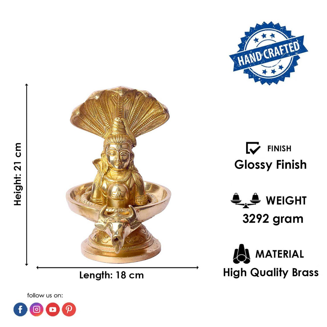 8.3 Inch Handcrafted Brass Shivalingam featuring Naga hood and Nandi