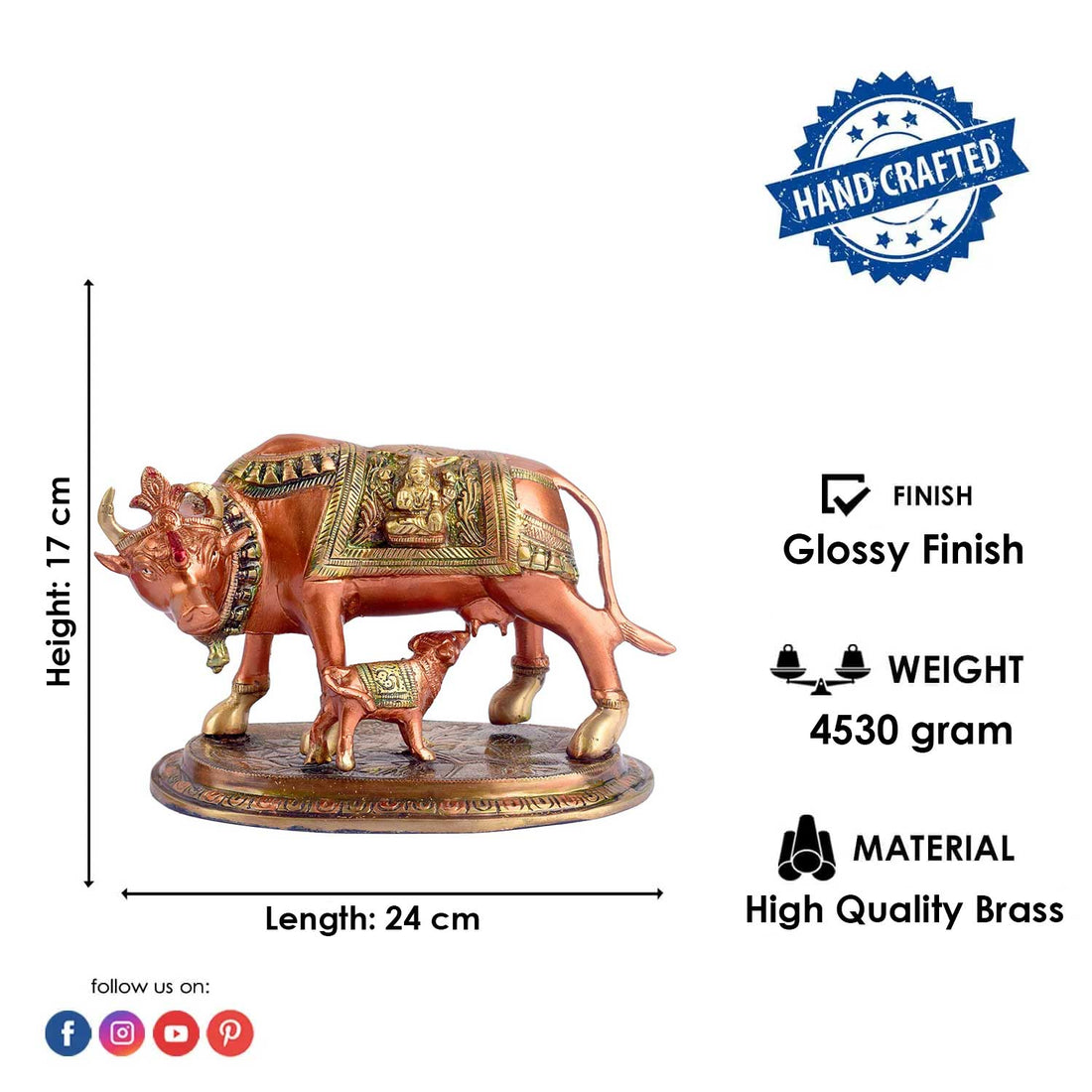 6.7 Inch Kamdhenu Cow with Calf Antique Brass Idol