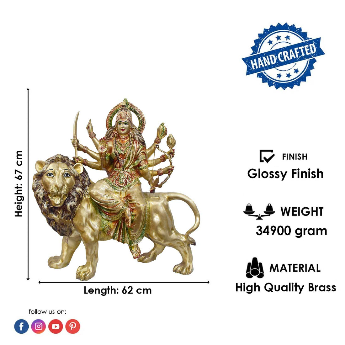 26 Inch Powerful Brass Durga Riding Lion Statue