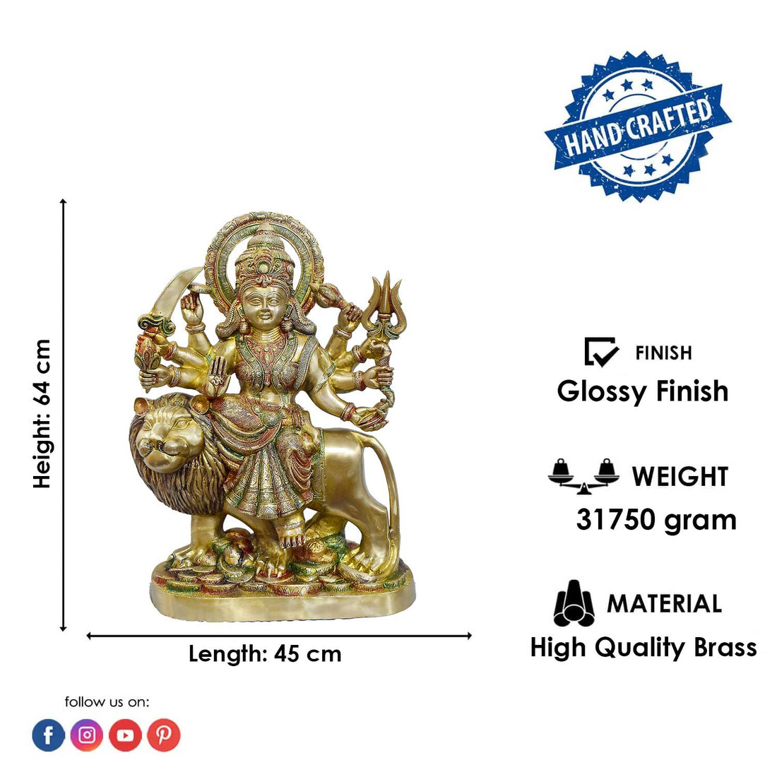 25.19 Inch Brass Durga Statue Seated on Lion