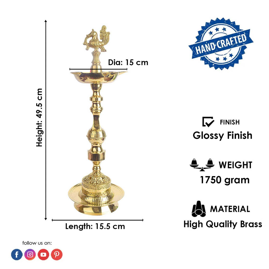 19 Inch 1 Step Embossed Peacock Kerala Stand Deepam
